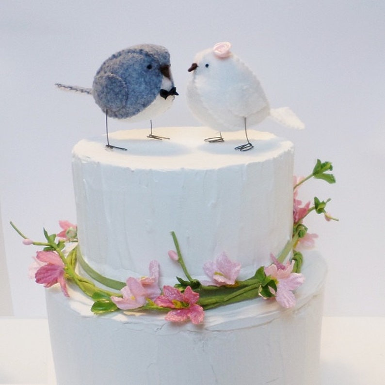 Wedding cake topper, lovebirds, wedding decoration, grey and white image 3