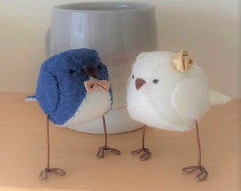 Wedding cake topper -  3D lovebirds in French navy blue, white and gold