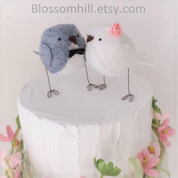Wedding cake topper, lovebirds, wedding decoration, grey and white