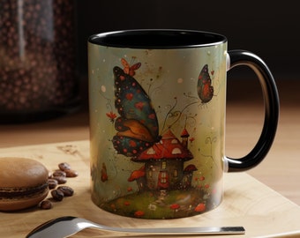 Whimsical Vintage Red Mushroom and Butterflies Coffee Mug - Available in 11oz & 15oz Sizes - Unique Gift for Her, Friends, and Office Decor