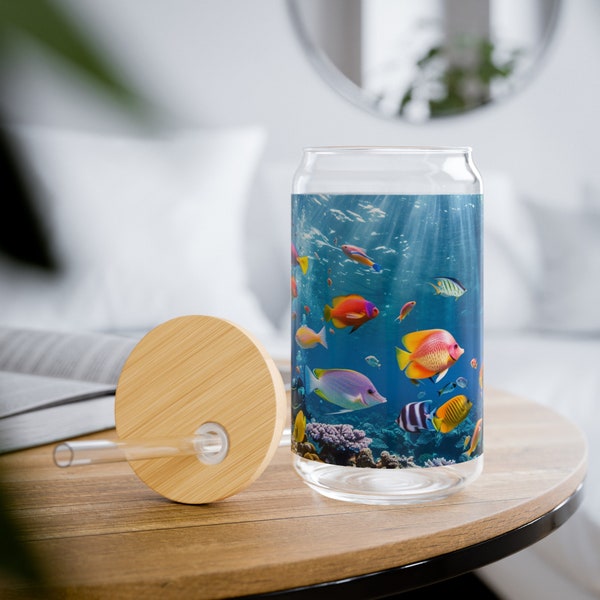 Ocean Scenery Glass Tumbler, 16oz - Divers Dream, Fish, Ice Tea, Ice Coffee, Mothers Gift, Wife Gift, Office Gift, Friend Gift, Birthday