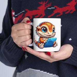 Lovely Bearded Dragon Playing on Tablet Coffee Mug #2 - Fun 15oz or 11oz Ceramic Mug for Reptile and Tech Lovers, Gift for Her, Novelty