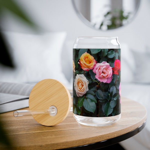 Rose Garden Tumbler Glass, 16oz - Ice Tea, Ice Coffee Tumbler, Mothers Day, Wife Gift, Mother Gift, Friend Gift, Office Gift, Birthday Gift