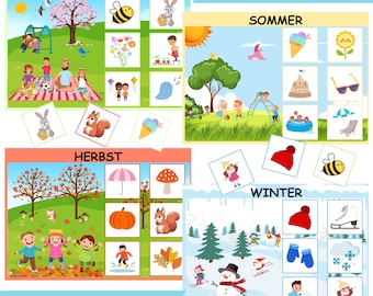 May include: A colorful educational poster with illustrations representing the four seasons: Spring, Summer, Autumn, and Winter. Each season features related images, such as a picnic, ice cream, a pumpkin, and a snowman. The text "SOFORT DOWNLOAD PDF" is visible.