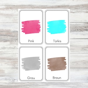 May include: Four color flashcards with watercolor swatches and German color names. The colors are pink, turquoise, gray, and brown.