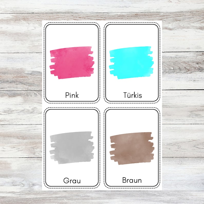 May include: Four color flashcards with watercolor swatches and German color names. The colors are pink, turquoise, gray, and brown.