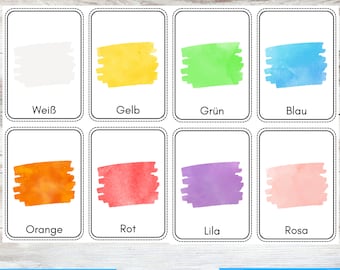 Könnte beinhalten: Acht Farbkarten mit Aquarell-Farbfeldern und deutschen Wörtern für jede Farbe: Weiß, Gelb, Grün, Blau, Orange, Rot, Lila und Rosa. Die Karten sind mit "Farben Lernen" und "PDF Datei" beschriftet.