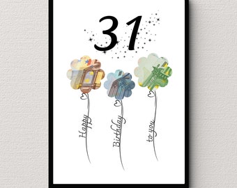 May include: A white card with a black frame, featuring the number 31 in black font with a scattering of black stars. Three money-themed balloons with the words "Happy", "Birthday", and "to you" written on them.