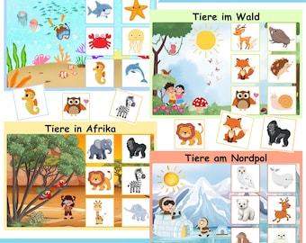 Learning cards animals matching picture cards daycare templates children learn forest sea Africa North Pole preschool Montessori learning game habitats PDF