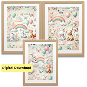 Conjunto de 3 pósteres para habitación infantil con animales pastel y arcoíris, cuadros de pared para habitación de bebé y habitación infantil, oso, conejo, zorro, arcoíris, nubes, niños