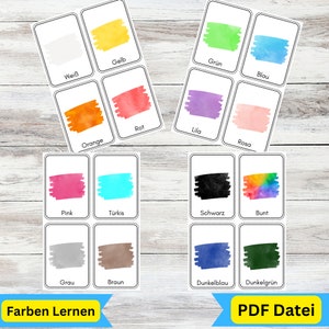May include: A set of 16 flashcards featuring different colors in German. Each card has a watercolor-style image of the color and the German word for the color written below. The colors include white, yellow, orange, green, blue, red, purple, pink, turquoise, black, brown, gray, dark blue, and dark green.