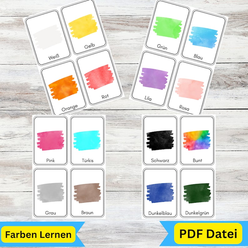 May include: A set of 16 flashcards featuring different colors in German. Each card has a watercolor-style image of the color and the German word for the color written below. The colors include white, yellow, orange, green, blue, red, purple, pink, turquoise, black, brown, gray, dark blue, and dark green.