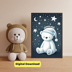 Póster para habitación infantil con oso blanco dormilón y cielo estrellado, cuadro de pared en formato DIN A2, A3 y A4 para habitación de bebé y habitación infantil, luna, estrellas, bebé.