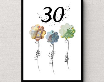 May include: A white card with black text and a black frame. The card has a large number 30 in the center with small stars around it. Three money-shaped balloons are below the number with the words "Happy", "Birthday", and "to you" written on them.