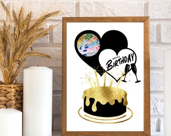 Birthday cash gift|Cash gift template to print out|Cash gift wrapping with a difference|Cash gift template|BLACK GOLD EDITION