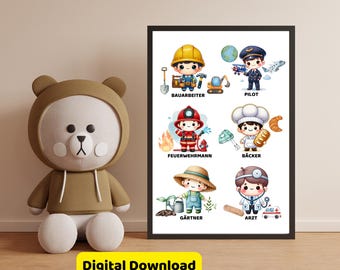 Póster para habitación infantil: profesiones, bombero, médico, jardinero, obrero, panadero y piloto, póster de aprendizaje, archivo digital DIN A2, DIN A3, DIN A4, guardería infantil.