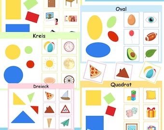 May include: A set of colorful sorting cards for kids featuring different shapes like rectangles, ovals, circles, triangles, and squares. The cards show various images of objects that match the shapes. The cards are labeled in German with the words "Rechteck", "Oval", "Kreis", "Dreieck", and "Quadrat".