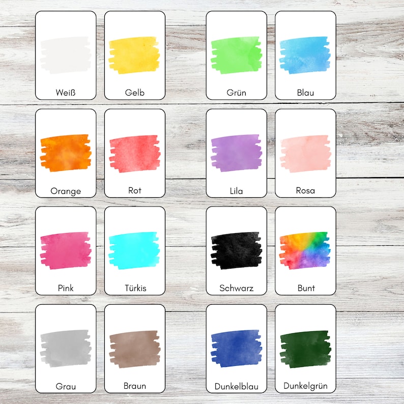 May include: A set of 16 color cards with watercolor painted swatches. The cards are labeled with the color names in German: Wei&szlig;, Gelb, Gr&uuml;n, Blau, Orange, Rot, Lila, Rosa, Pink, T&uuml;rkis, Schwarz, Bunt, Grau, Braun, Dunkelblau, Dunkelgr&uuml;n.