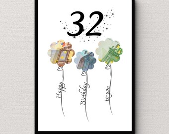 May include: A white card with the number 32 in black text surrounded by small black stars. Three money-themed balloons with the words "Happy", "Birthday", and "to you" written on them.
