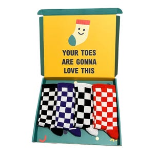 4 Pairs Women Checkered Checkerboard Colourful Fun Gift Socks Box