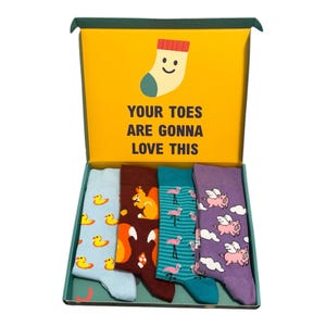 May include: A gift box containing four pairs of patterned socks. The box lid features a yellow background with a smiling sock icon and the text "YOUR TOES ARE GONNA LOVE THIS". The socks feature yellow ducks, orange squirrels, pink flamingos, and flying pigs.