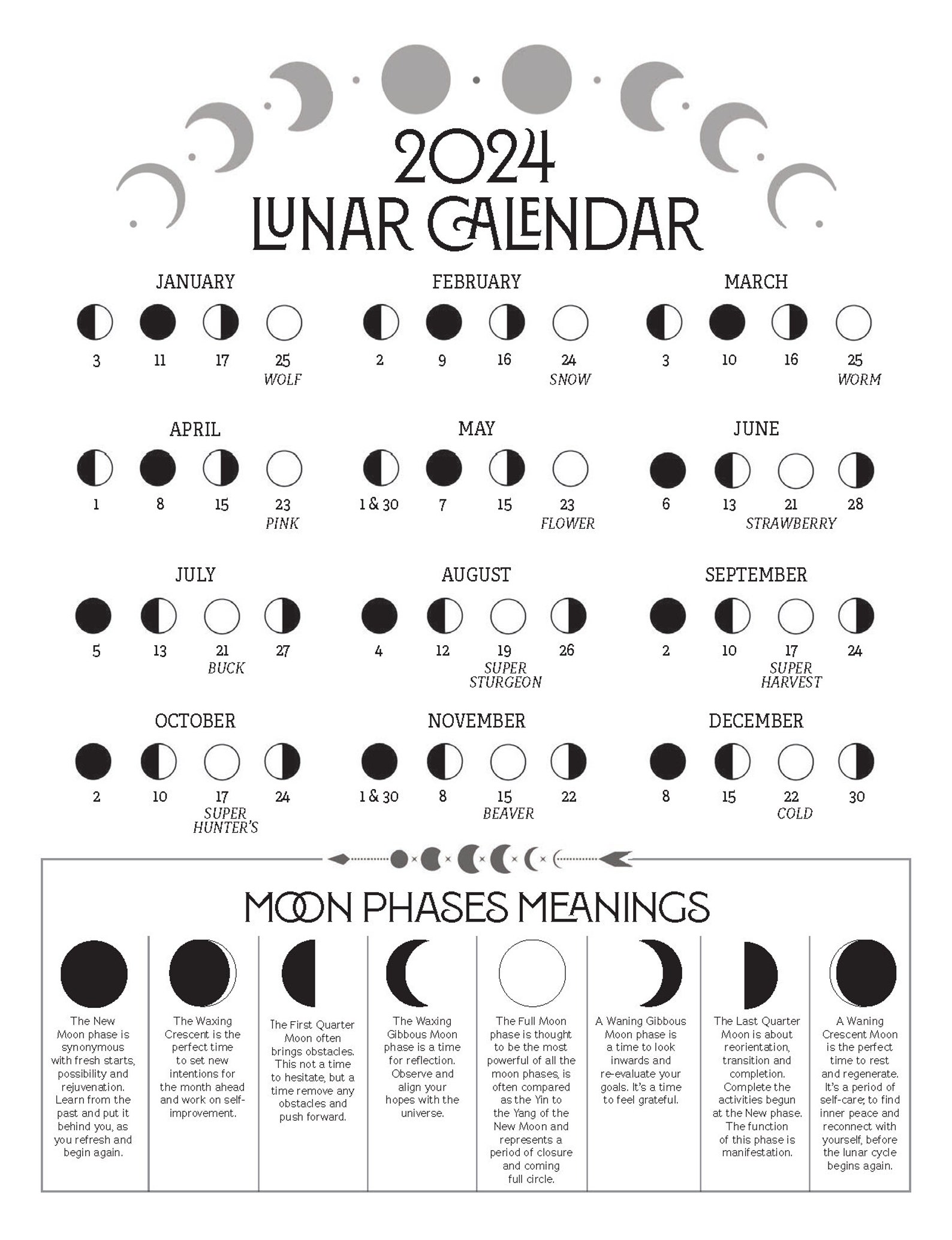 2024 Lunar Calendar, Letter Size and A4, Northern & Southern