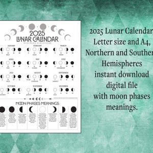 Calendario Lunar 2025, tamaño Carta y A4, Hemisferios Norte y Sur, descarga instantánea, archivo digital, con significados de las fases lunares.