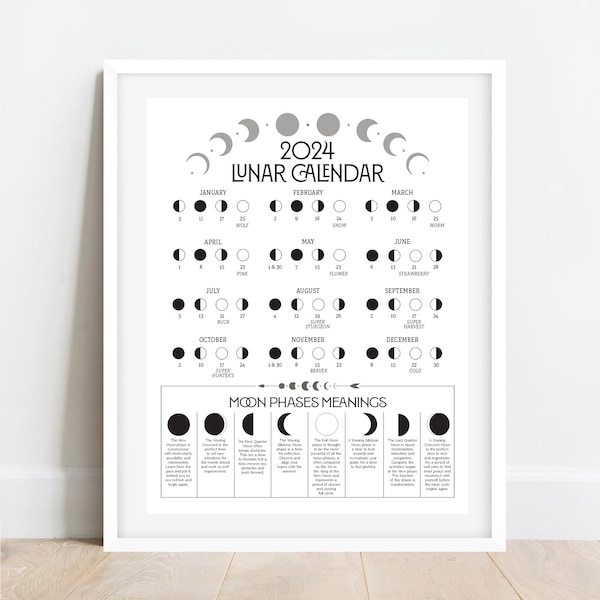 2024 Lunar Calendar, Letter size and A4, Northern & Southern Hemispheres, instant download, digital file, with moon phases meanings.