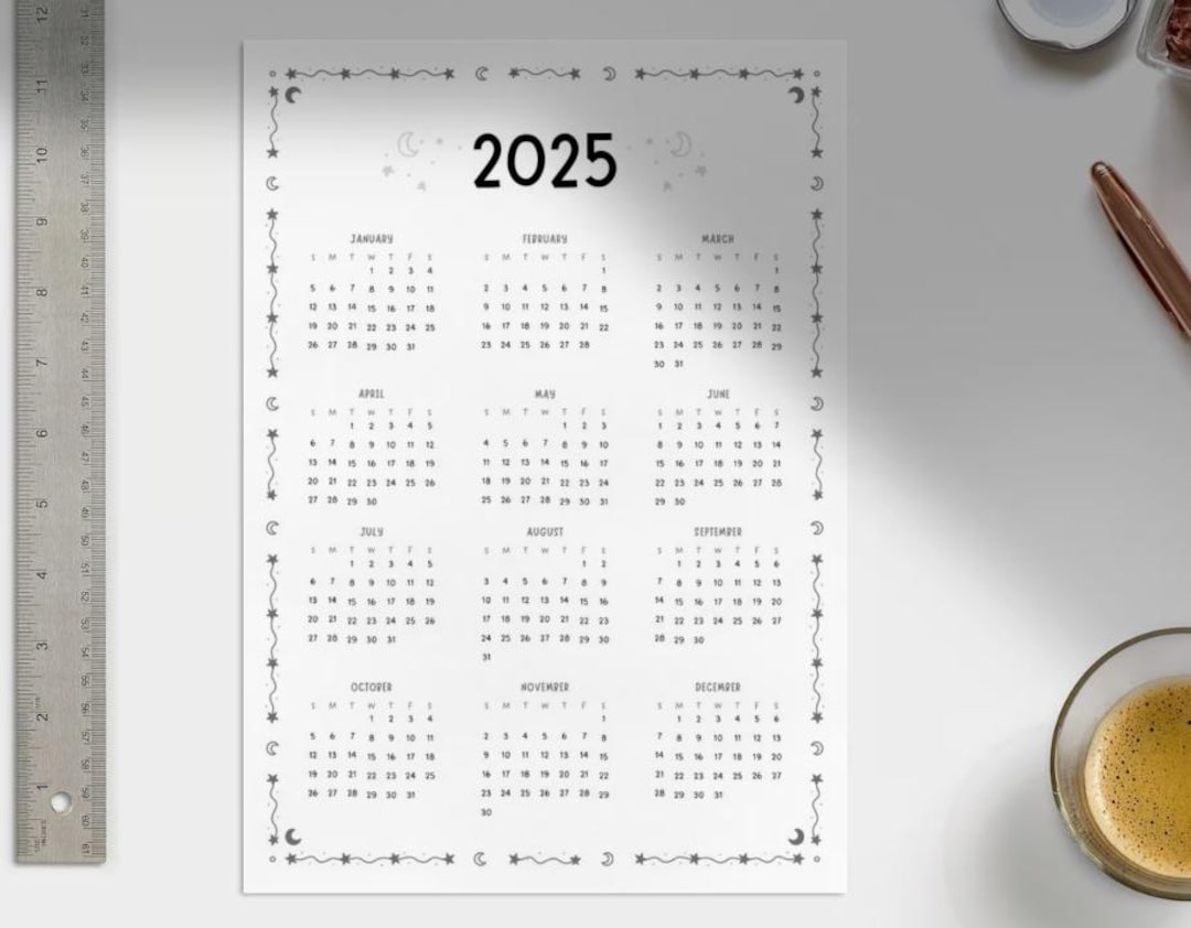 Black and White Minimalist Stars Doodle 2025 Calendar | Printable ...