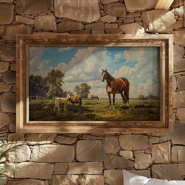 Neoclassical Farmhouse Animal  Oil Painting Print Horse Sheep and Cattle Canvas Digital Print Ranch Cottage and Homestead Landscape Decor