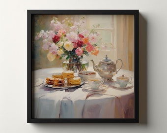 Tea Party Oil Painting British Tea Party Decor Instant Download Kitchen Painting Food Art Victorian Era Art Neoclassical Colorful Paintings