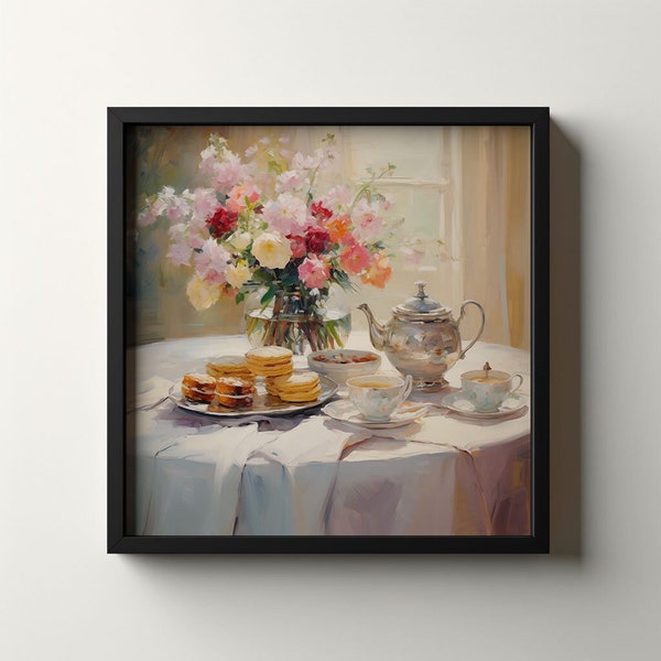 Tea Party Oil Painting British Tea Party Decor Instant Download Kitchen Painting Food Art Victorian Era Art Neoclassical Colorful Paintings
