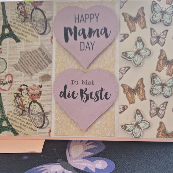 Grußkarte , Muttertag, Muttertagskarte, Liebevolle Handarbeit,  Glitzer, Schmetterlinge, Lila, inkl. Umschlag
