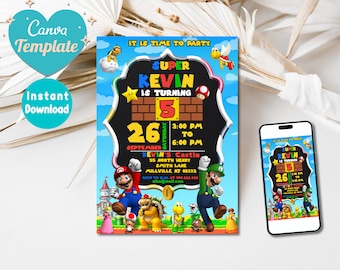 Super Mario Bros Birthday Invitations | Super Mario Brothers | Editable Printable Digital Mario Birthday Template | Canva Digital Printed
