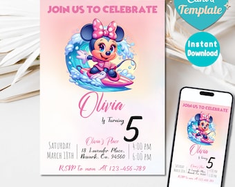 Redigerbar rosa Minnie Mouse födelsedagsinbjudan, utskrivbar inbjudan, flickfödelsedagsinbjudan, rosa Minnie Mouse-inbjudan, Minnie Mouse-inbjudan