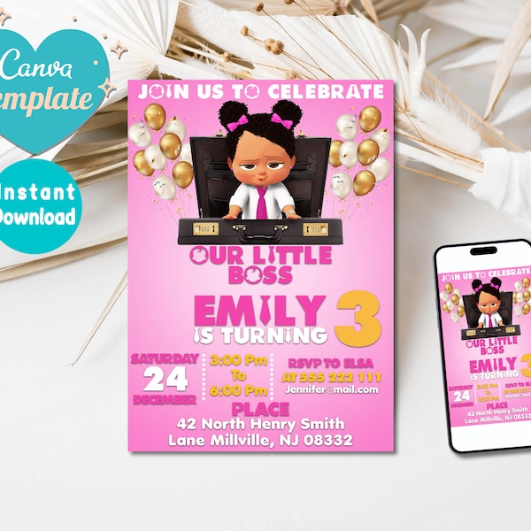 Bearbeitbare Baby Boss Mädchen-Geburtstagseinladung | Boss Baby Party Einladung | Geburtstag Vorlage Bearbeitbar - Druckbar | Sofortiger Download einladen