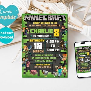 Minecrafter birthday invitations | Editable Minecraft Birthday Invitation | Mine Invite Template | Editable in Canva Invite Instant Download