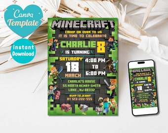 Minecrafter birthday invitations | Editable Minecraft Birthday Invitation | Mine Invite Template | Editable in Canva Invite Instant Download