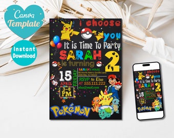 Editable Pokemon Birthday Invitations | Pokemon Evite | Pokemone Birthday Theme | Pikachu invite | Pokemon birthday | Instant Download