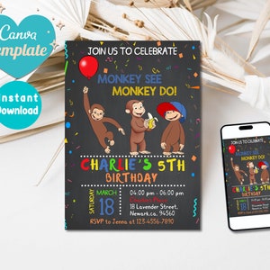 Curious George verjaardagsuitnodiging |  Curious George-feestuitnodiging | Curious George Evite |  Bewerkbaar in canvassjabloon |  Direct downloaden