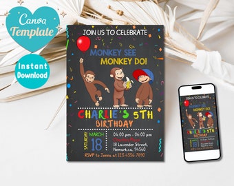 Curious George Birthday Invitation  |  Curious George Party Invite | Curious George Evite |  Editable in Canva Template  |  Instant Download