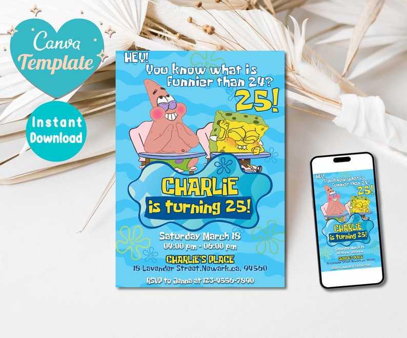 Editable Spongebob Birthday Invitation Template | Printable Sponge bob invite | Party Invitations | Digital Kids Invite | Instant Download image 1