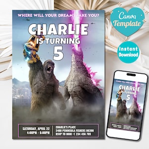 Invito festa di compleanno per bambini Godzilla X Kong / Invito Godzilla X Kong / Modello Canva stampabile, digitale e personalizzabile / Download istantaneo