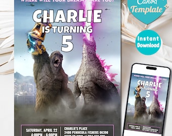 Godzilla X Kong Kids Birthday Party Invite | Godzilla X Kong Invitation | Printable, Digital, Customizable Canva Template | Instant Download