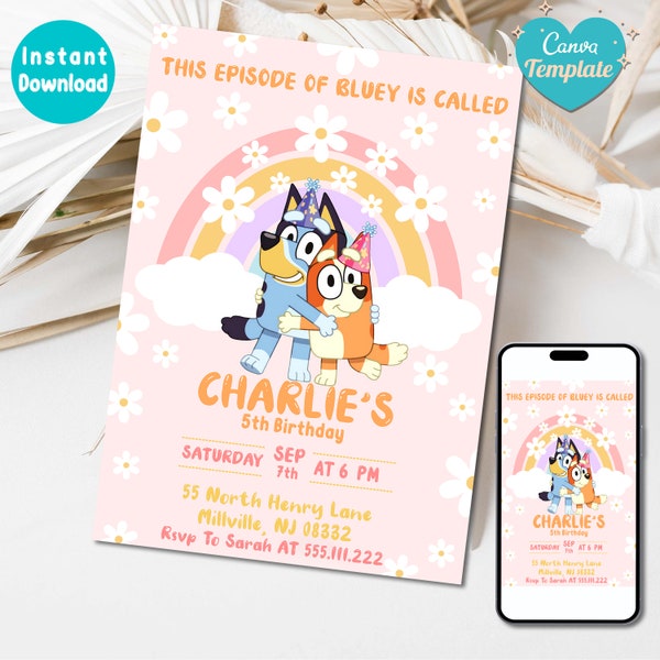 Girl Bluey Birthday Birthday Invitation | Dog with rainbow Birthday Girl Invite Template printable | Girl Party Invite Editable in Canva