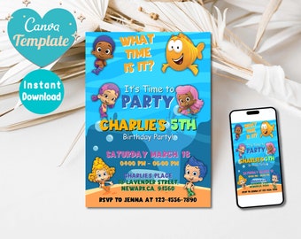 Bubble Guppies Birthday Invitations | Printable Bubble Guppies Party Invite, Bubble Guppies Evite, Editable Canva Template, Instant Download