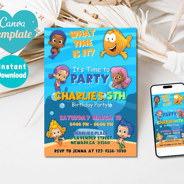 Bubble Guppies Birthday Invitations | Printable Bubble Guppies Party Invite, Bubble Guppies Evite, Editable Canva Template, Instant Download