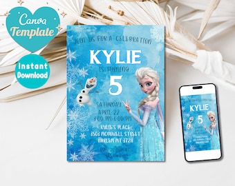 Invitation d'anniversaire de la Reine des neiges | Faire-parts de fête imprimables modifiables sur la Reine des neiges, anniversaire de filles, Elsa, Anna, modèle d'invitation pour enfants, téléchargement immédiat