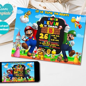 Convite de aniversário de Super Mario Bros Digital de <br> Entrega Rápida? Irmãos Super Mário | Modelo editável e imprimível de aniversário do Mario | Canva Impresso Digital
