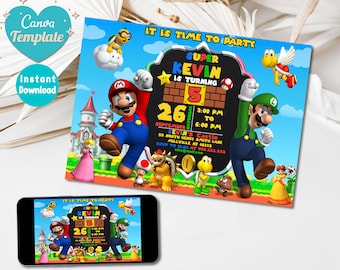 Invitación digital de cumpleaños de Super Mario Bros / Super Mario Brothers / Plantilla imprimible y editable de cumpleaños de Mario / Impresión digital Canva